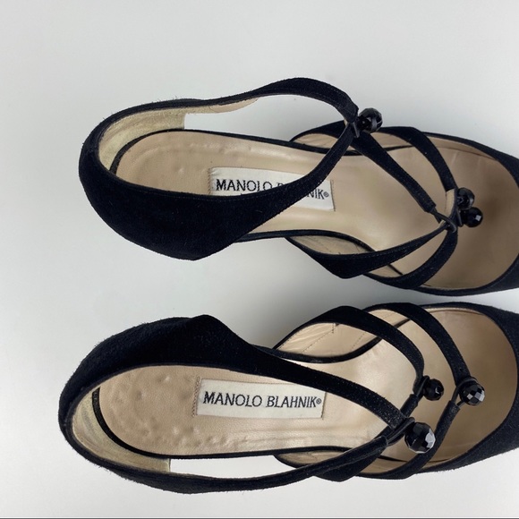 Manolo Blahnik Black Suede Ankle Strap Pumps - Picture 8 of 10